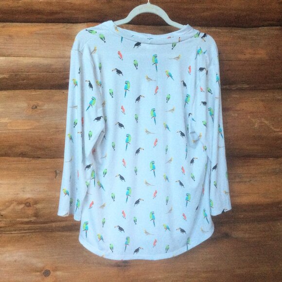 Charter Club White w/ Colorful Tropical Bird V-neck Pullover Blouse Size Large - Picture 2 of 7